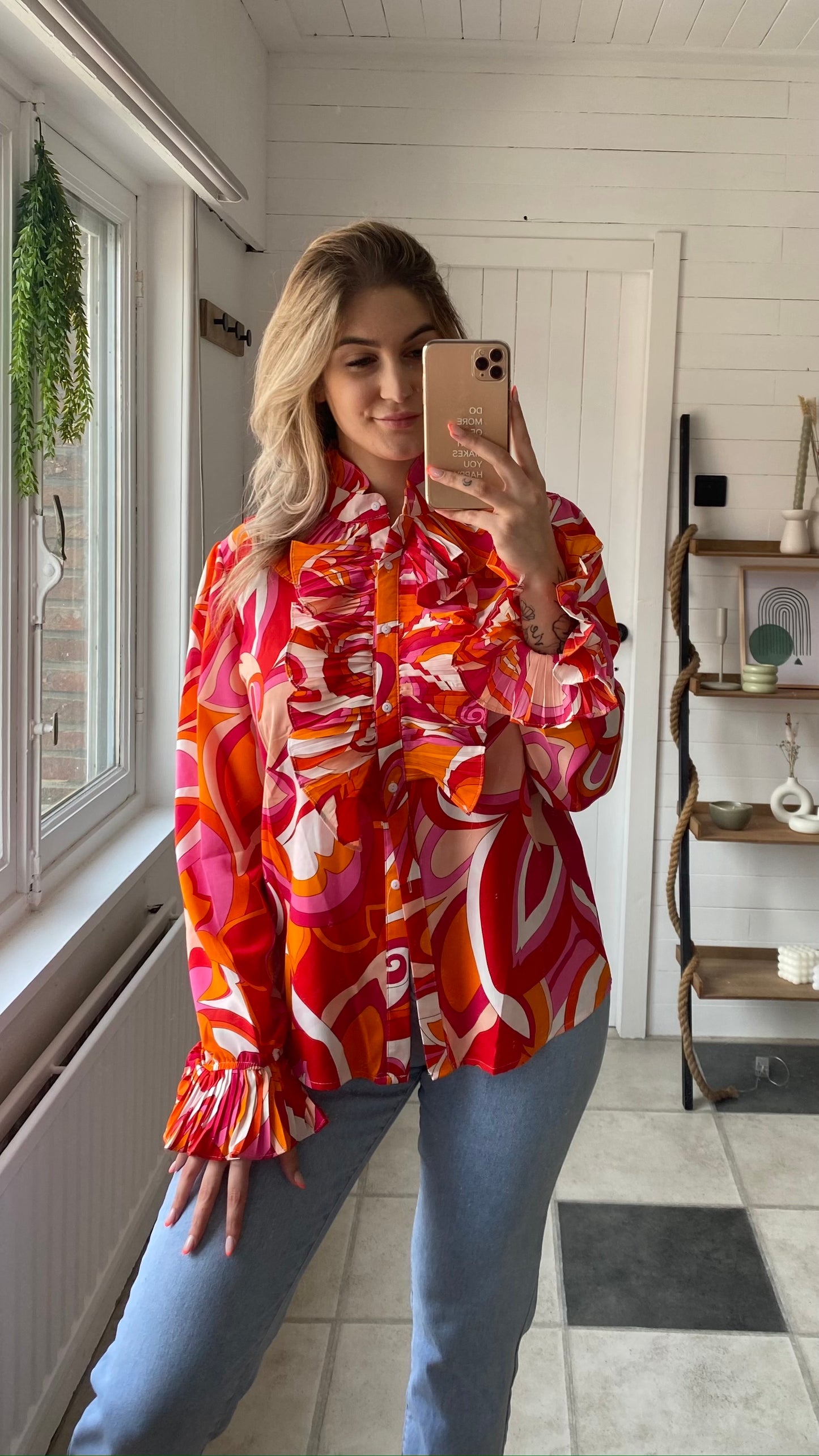 BLOUSE MET PRINT I ROZE - ORANJE