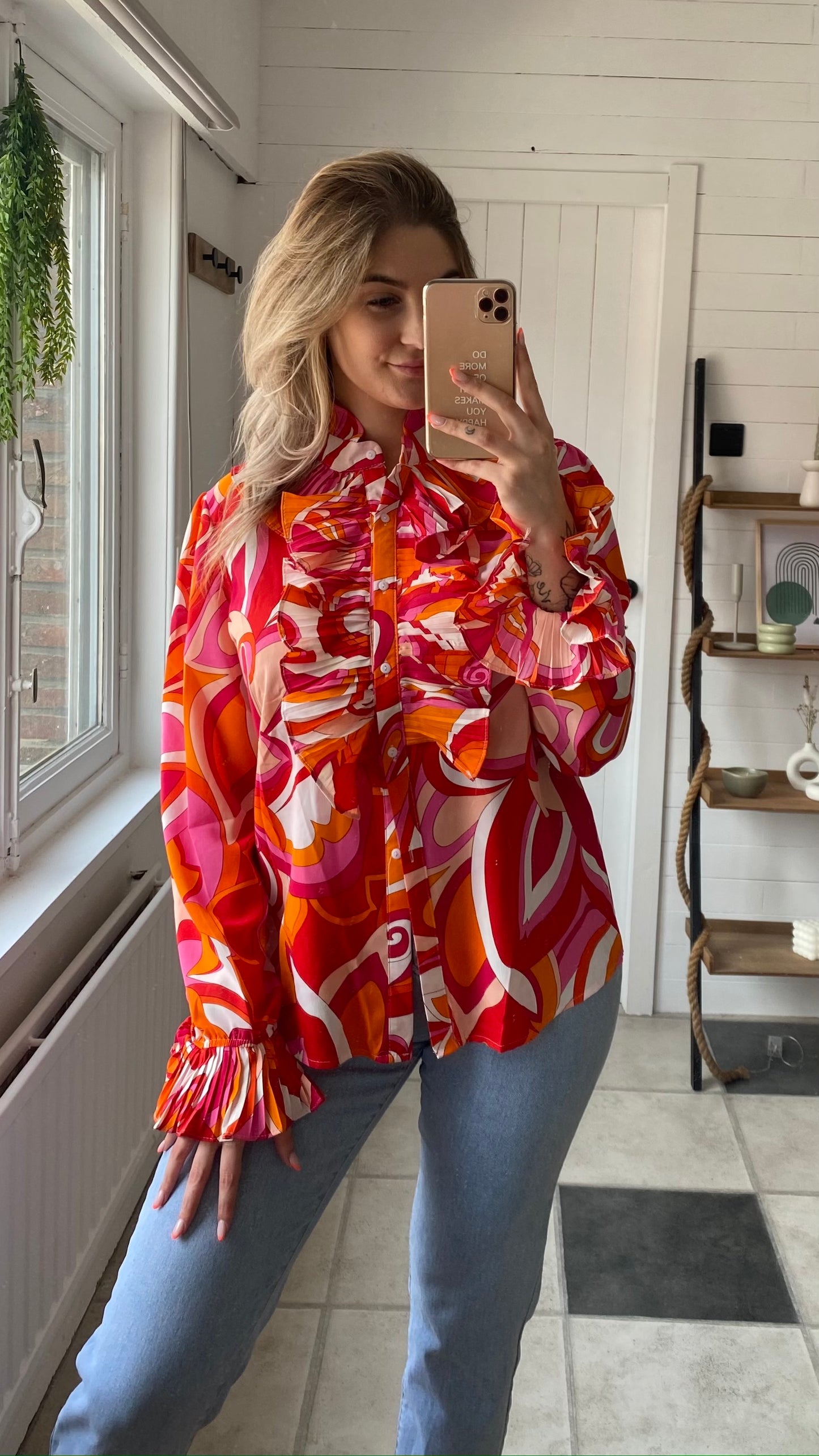 BLOUSE MET PRINT I ROZE - ORANJE