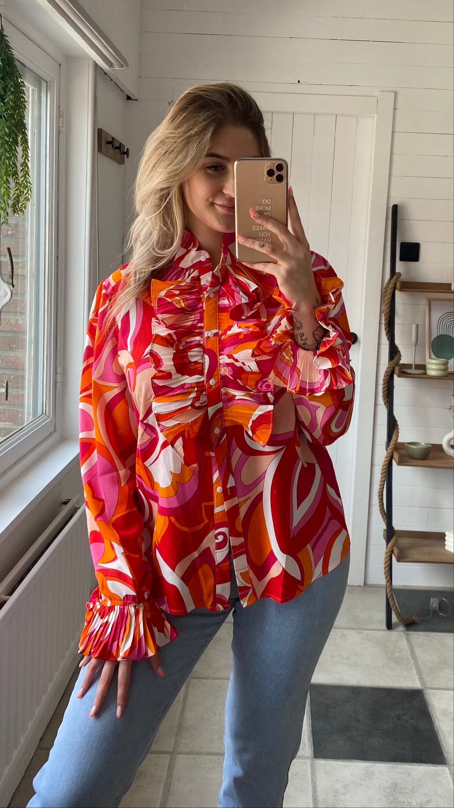 BLOUSE MET PRINT I ROZE - ORANJE