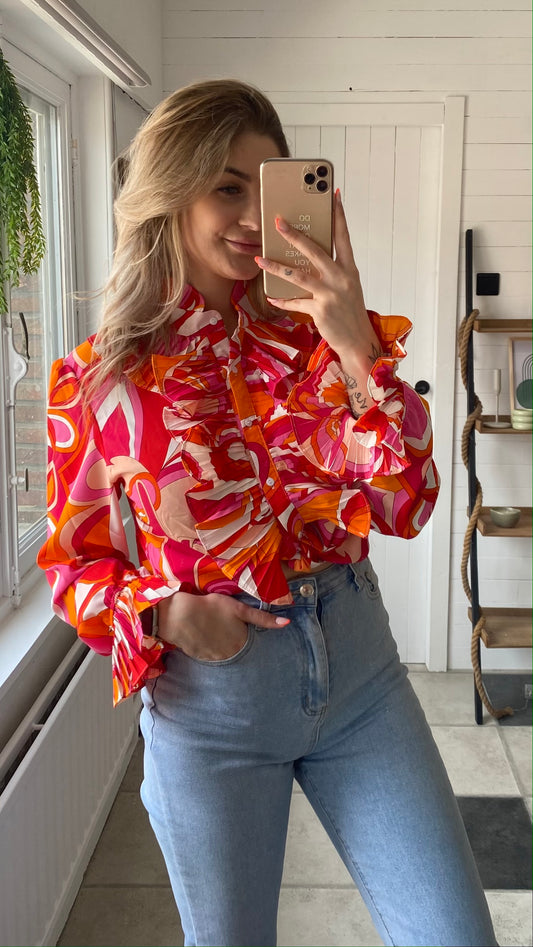 BLOUSE MET PRINT I ROZE - ORANJE