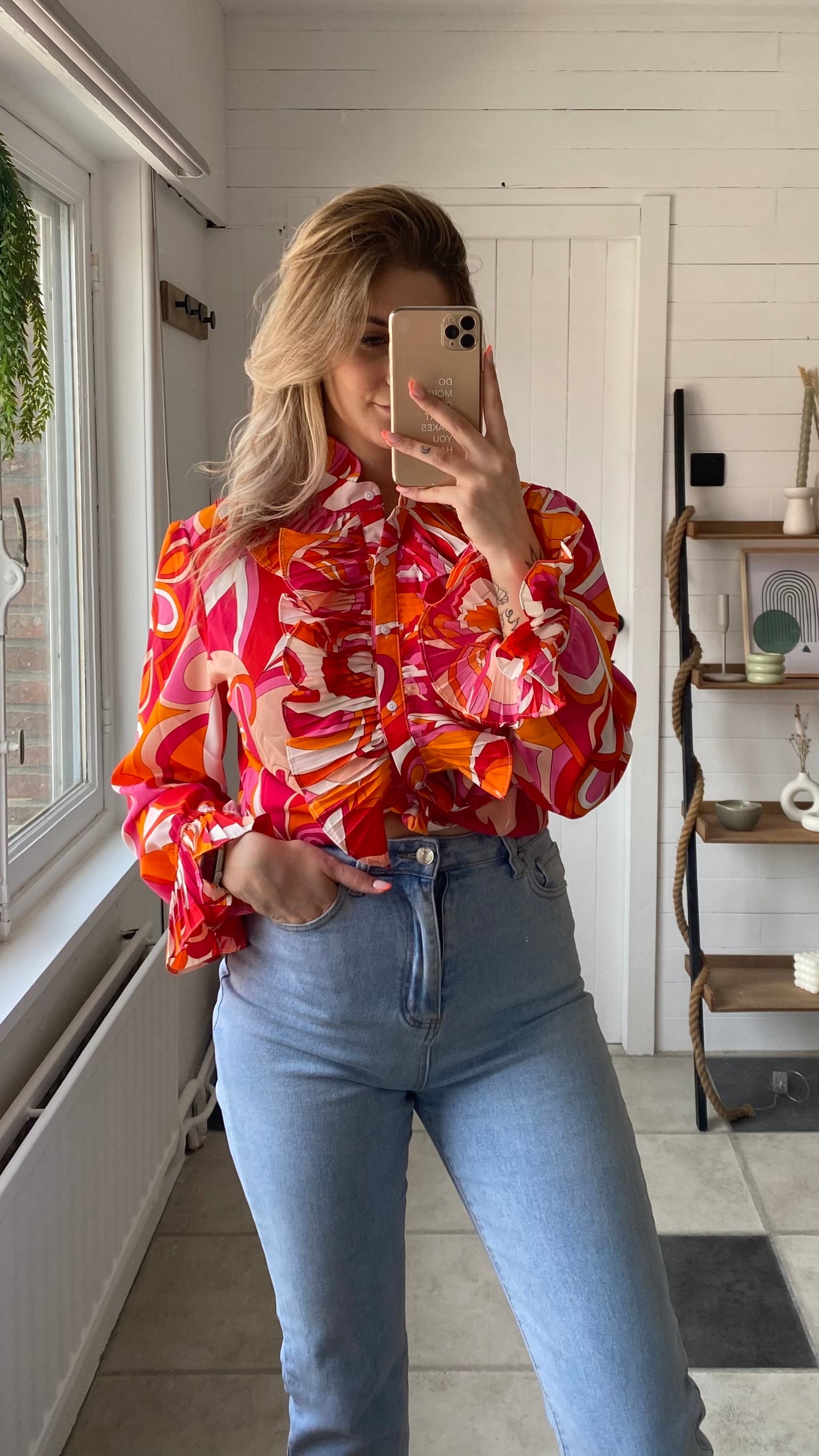 BLOUSE MET PRINT I ROZE - ORANJE